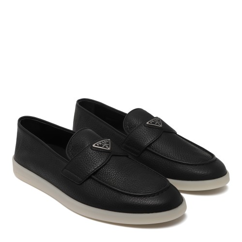 Prada Black Leather Slip-On Loafers. 2