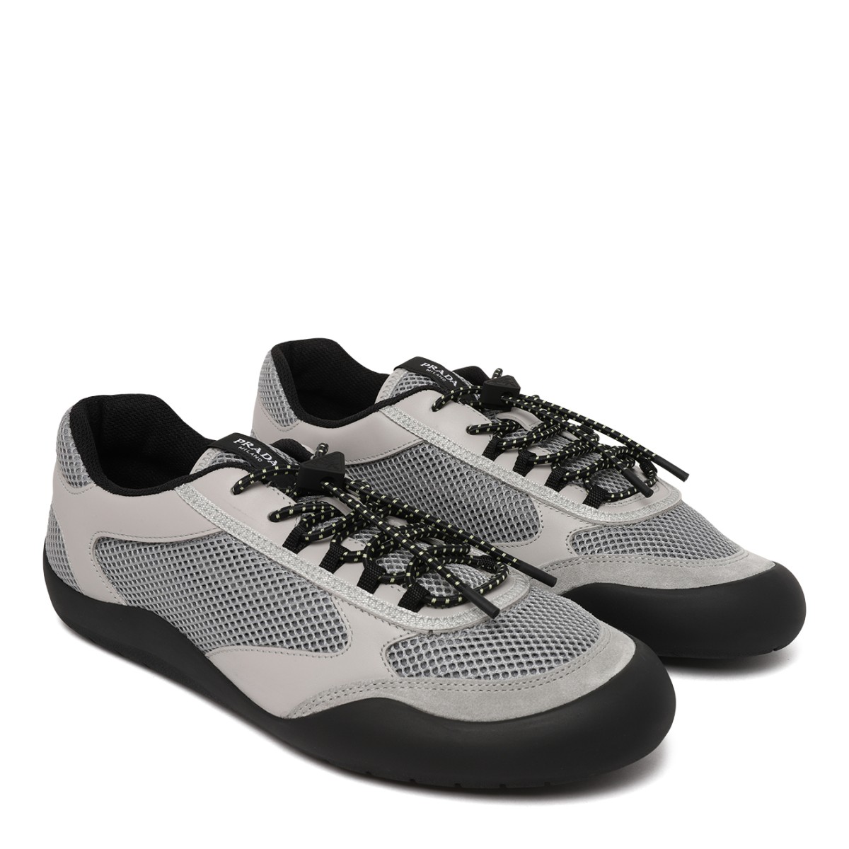 Prada Grey Mesh & Leather Low-Top Sneakers.