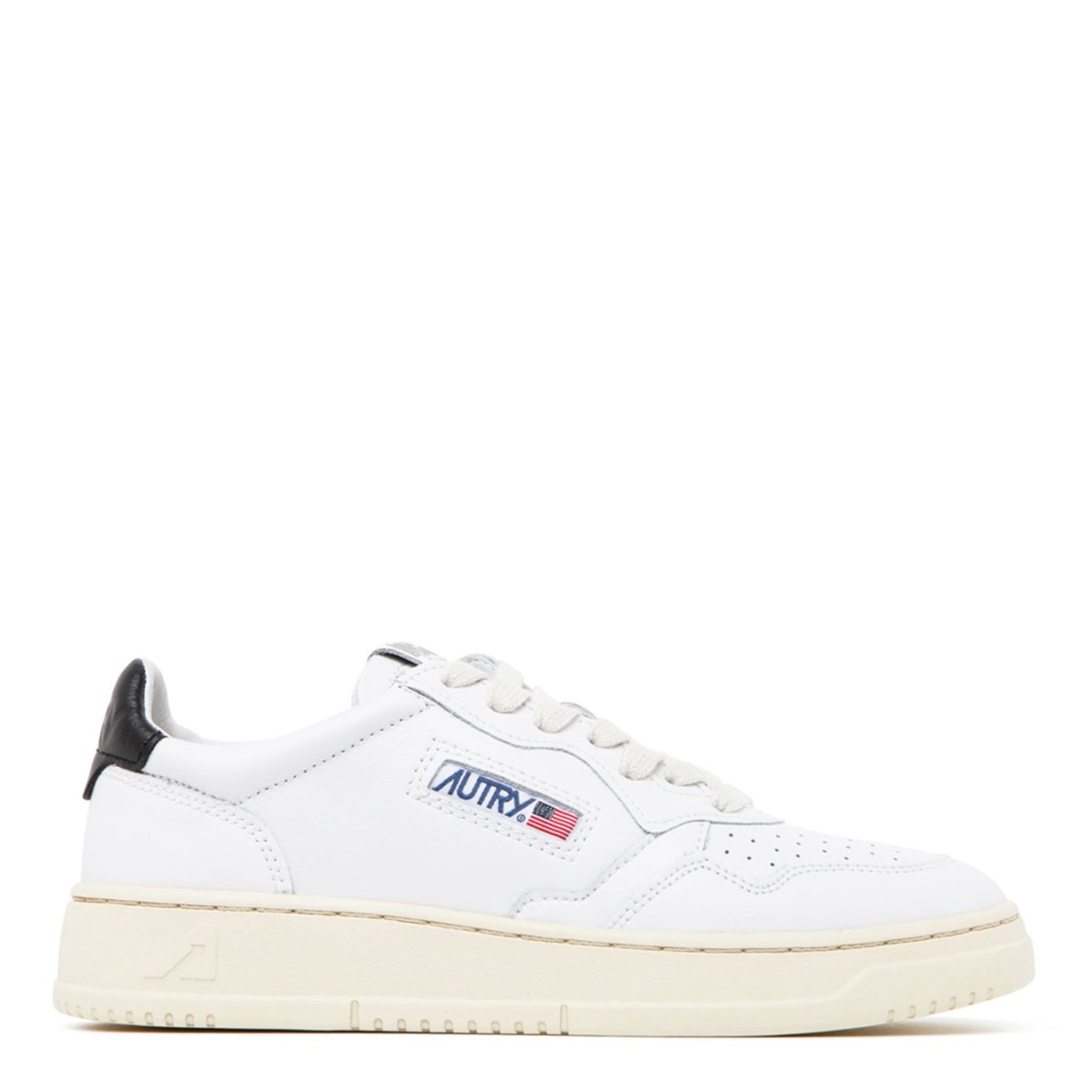 Autry White and Black Calf Leather Logo Patch Low Top Sneakers.