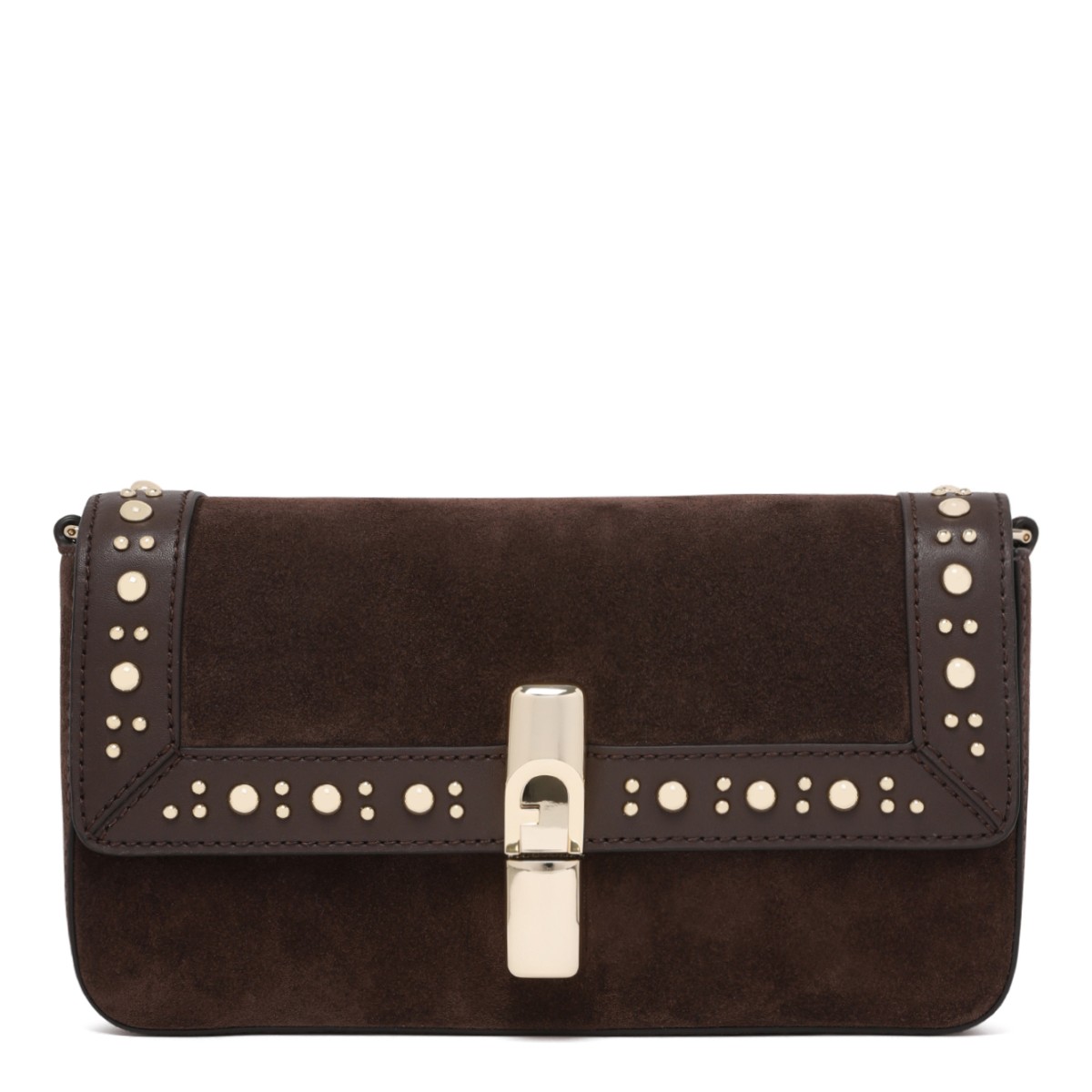 Furla Brown Suede Studded Shoulder Bag.