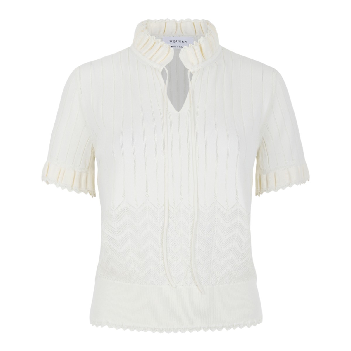 Alexander McQueen Ivory Open-Knit Short-Sleeve Sweater.