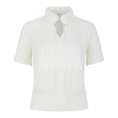 Alexander McQueen Ivory Open-Knit Short-Sleeve Sweater.