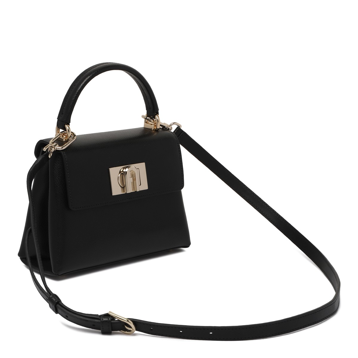 Furla Black Leather 1927 Mini Top Handle Tote Bag.