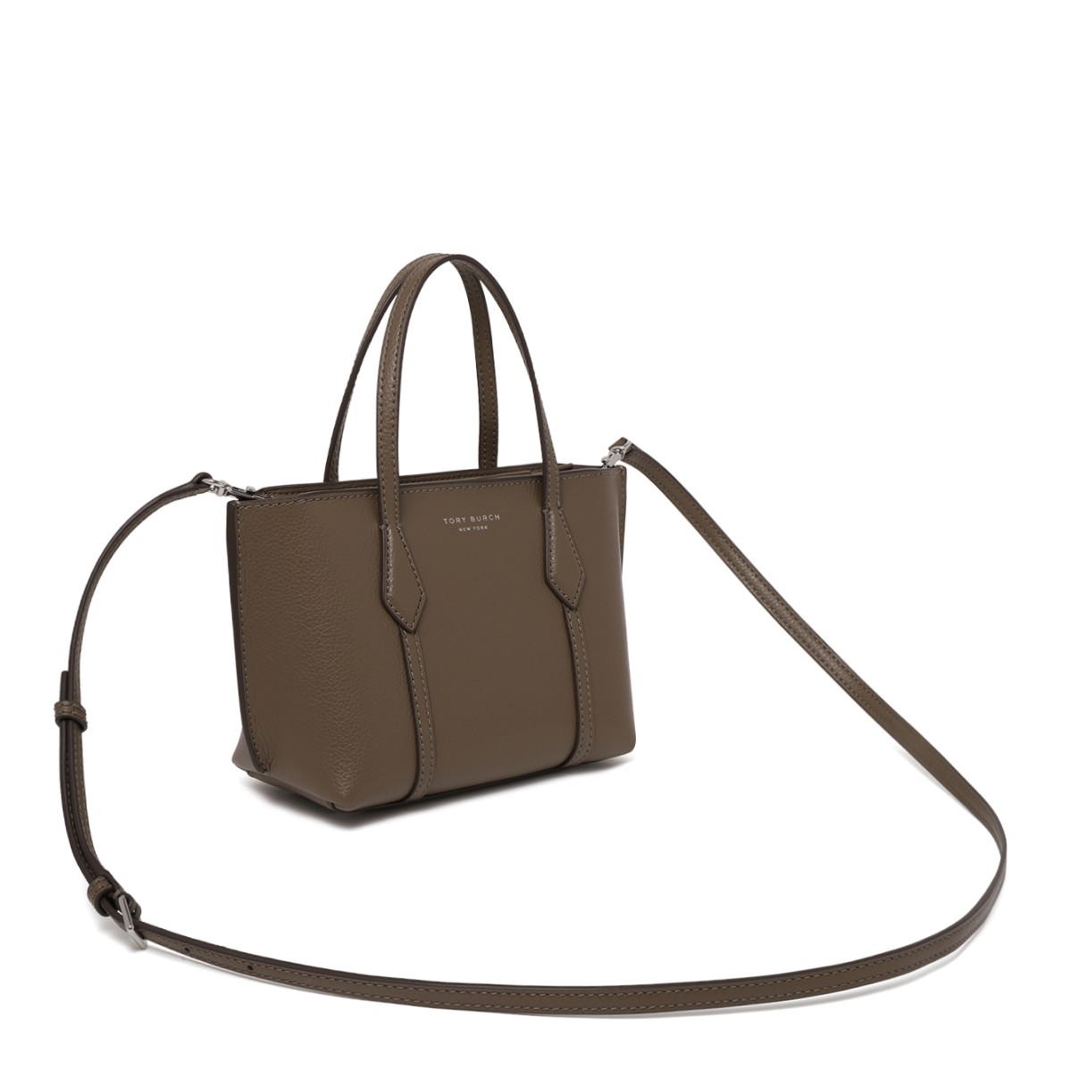 Tory Burch Taupe Grained Leather Tote Bag.