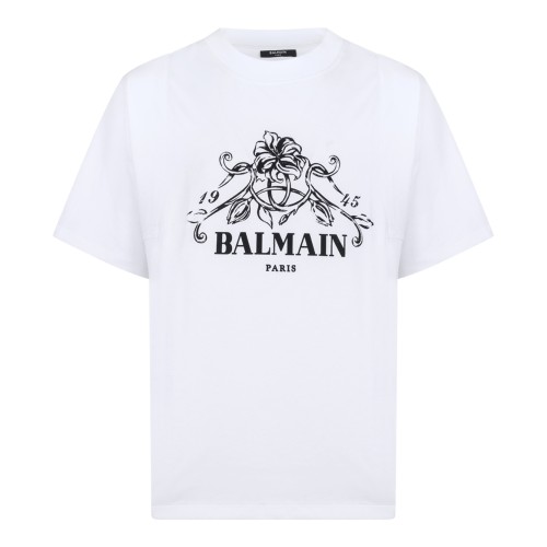 Balmain White Cotton Logo Print T-Shirt.