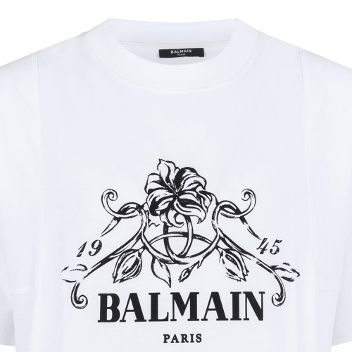 Balmain White Cotton Logo Print T-Shirt.
