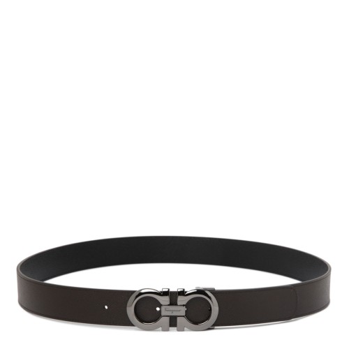 Ferragamo Reversible Black and Brown Leather Belt with Gancini Buckle.
