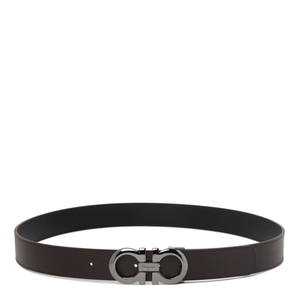 Ferragamo Reversible Black and Brown Leather Belt with Gancini Buckle.