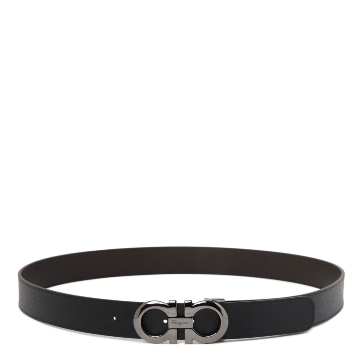 Ferragamo Reversible Black and Brown Leather Belt with Gancini Buckle.