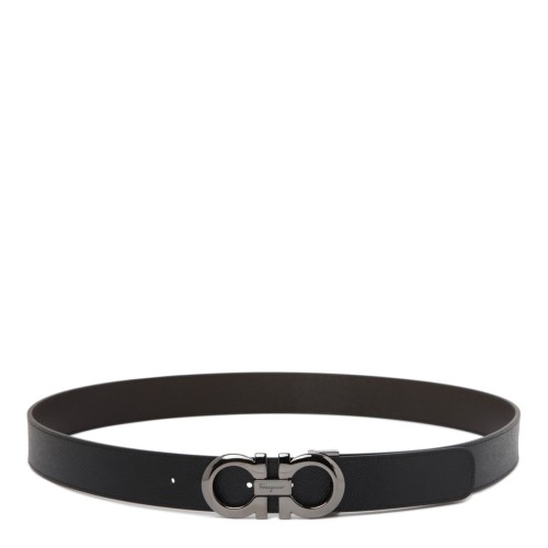 Ferragamo Reversible Black and Brown Leather Belt with Gancini Buckle.