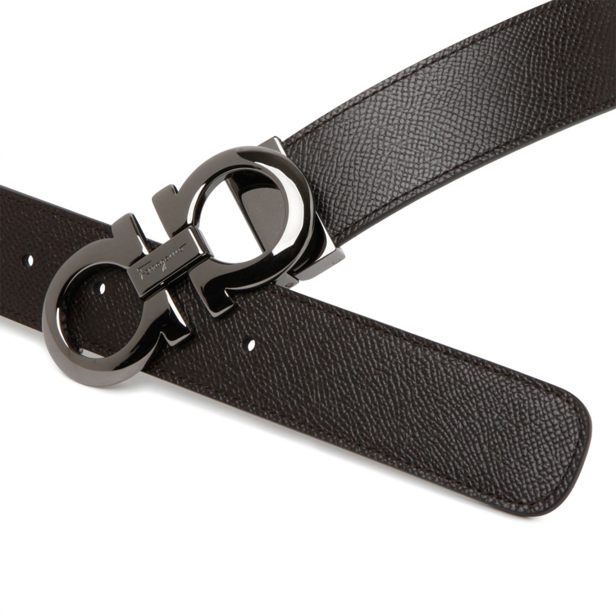 Ferragamo Reversible Black and Brown Leather Belt with Gancini Buckle.