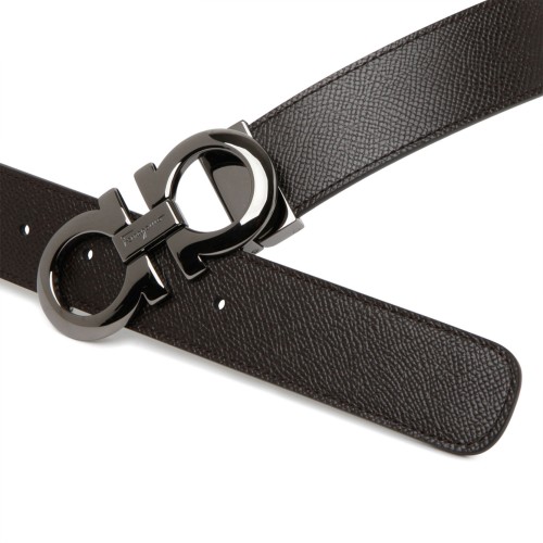 Ferragamo Reversible Black and Brown Leather Belt with Gancini Buckle.