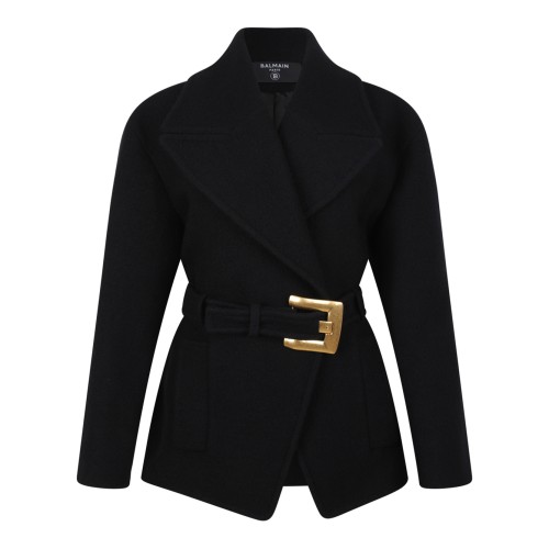 Balmain Black Wool Wrap Jacket.