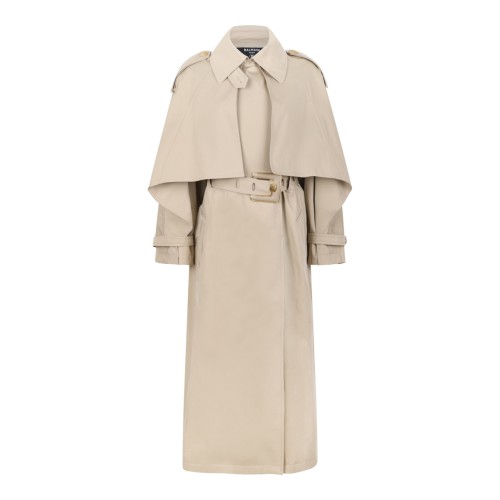 Balmain Beige Cotton Gabardine Cape Trench Coat.