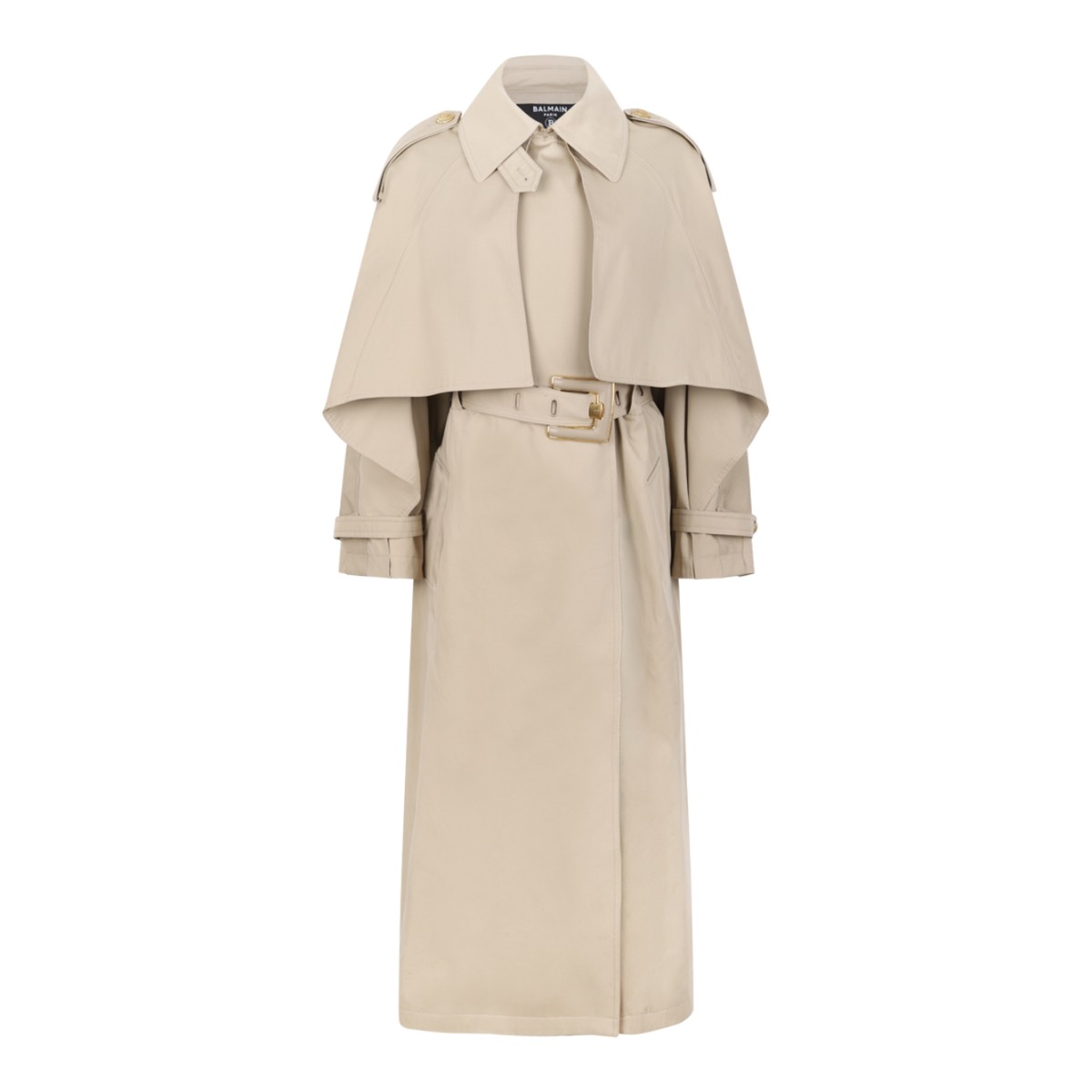 Balmain Beige Cotton Gabardine Cape Trench Coat.