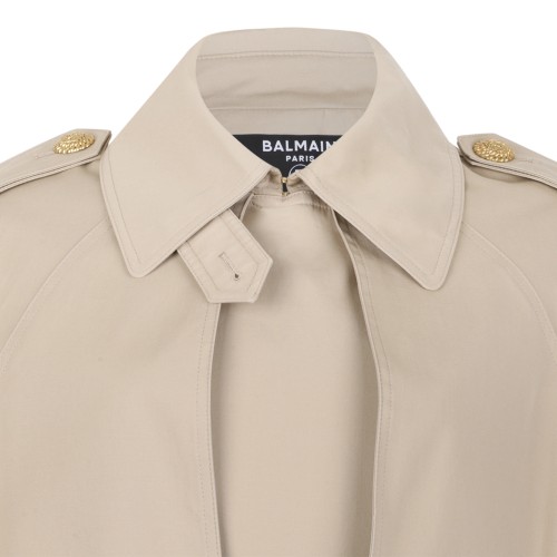 Balmain Beige Cotton Gabardine Cape Trench Coat.