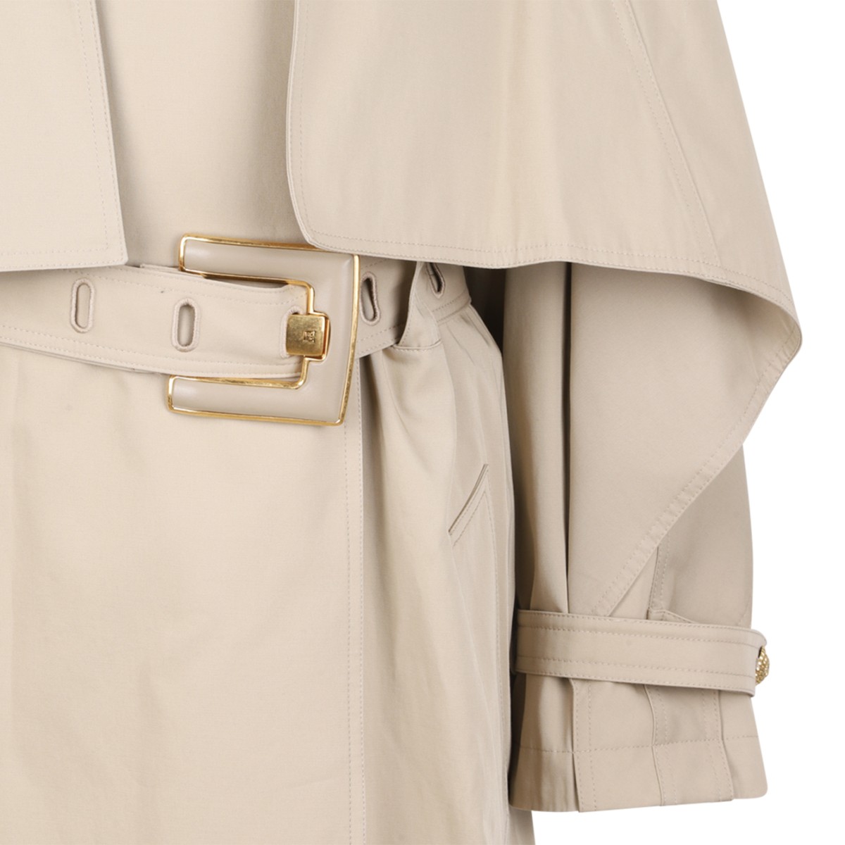 Balmain Beige Cotton Gabardine Cape Trench Coat.