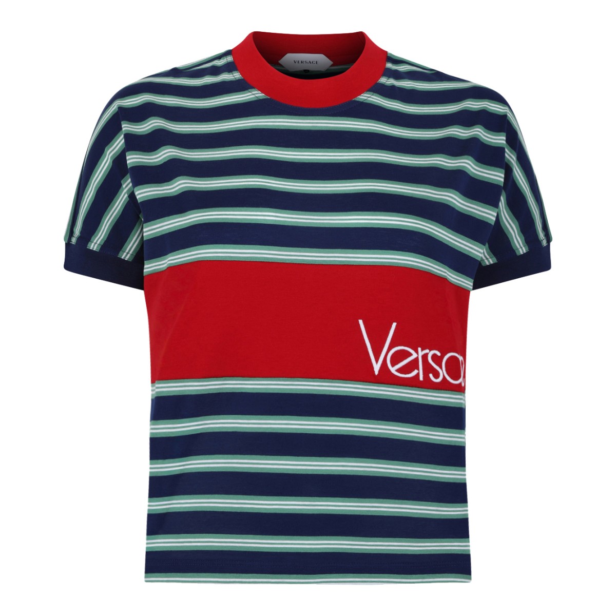 Versace Striped Logo Cotton T-Shirt.