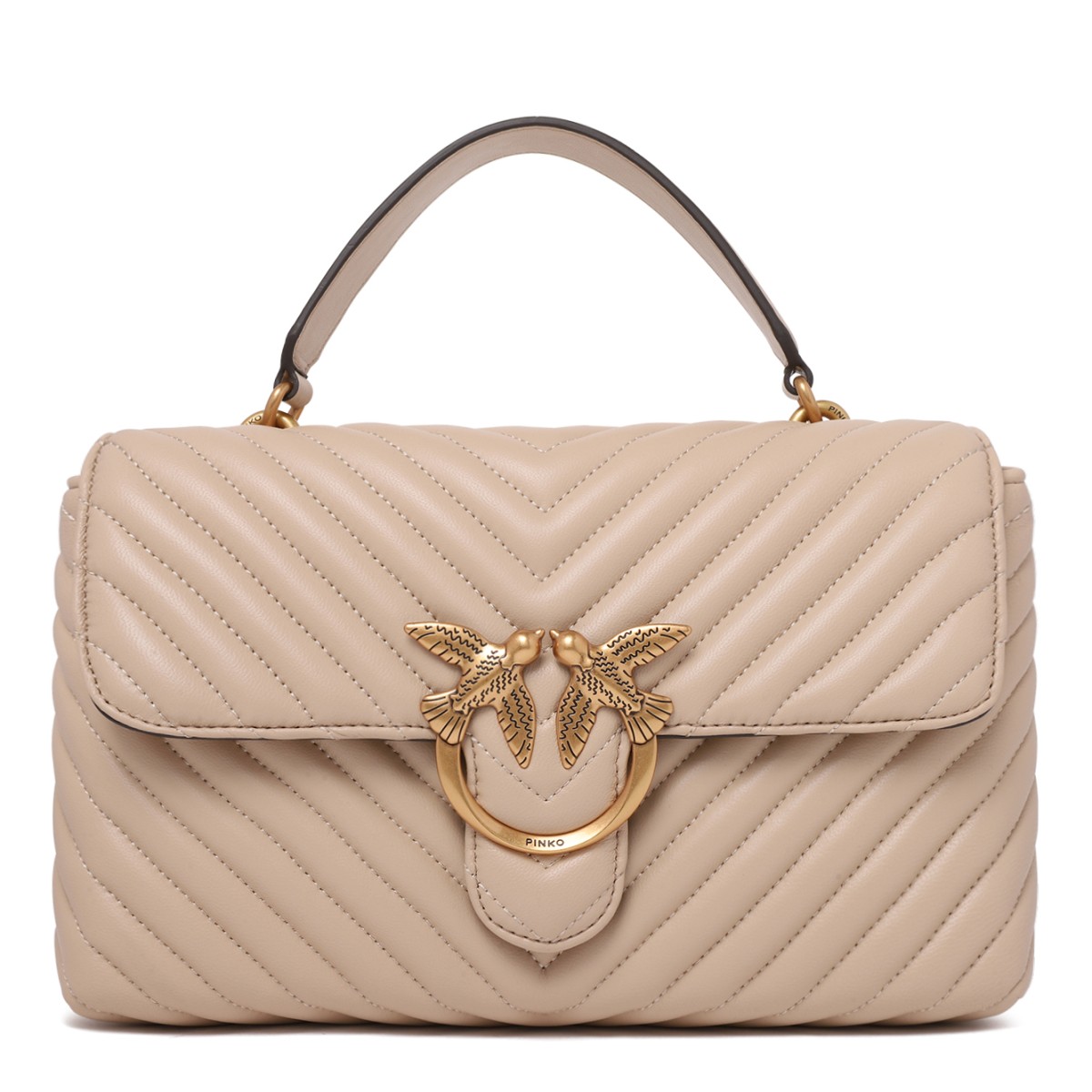 Pinko Beige Quilted Leather Top Handle Bag.