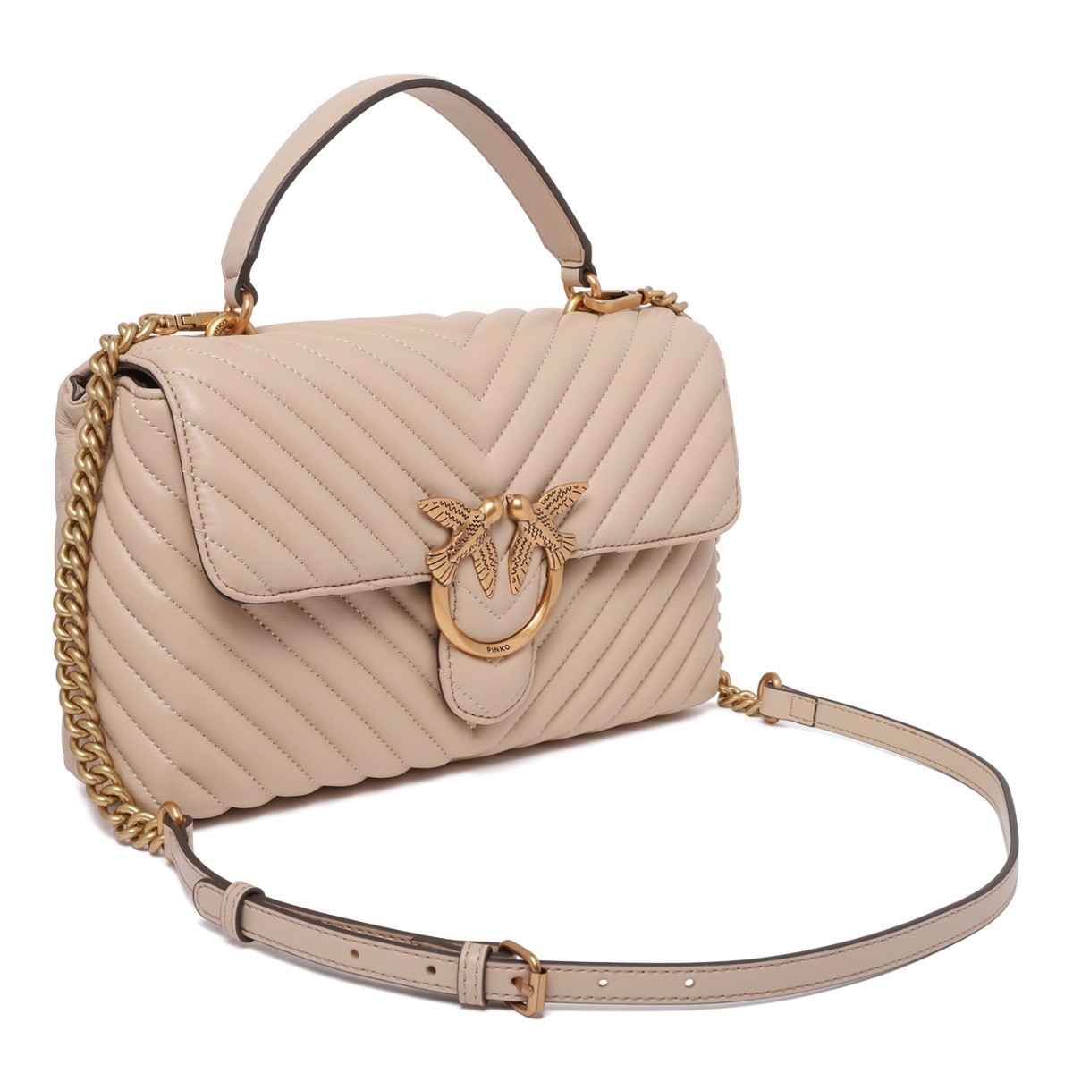 Pinko Beige Quilted Leather Top Handle Bag.