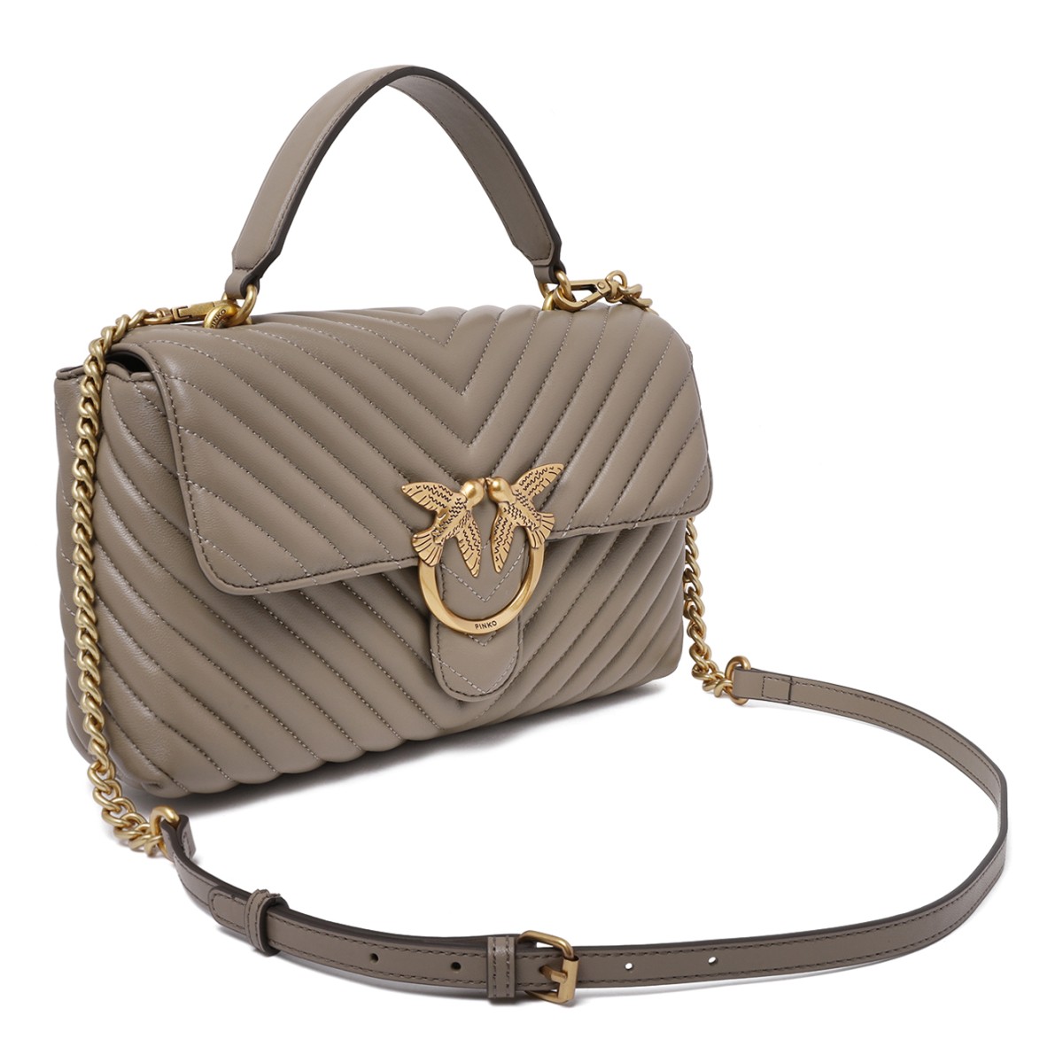 Pinko Taupe Quilted Leather Top Handle Bag.
