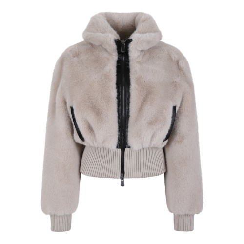 Pinko Beige Faux Fur Hooded Jacket.