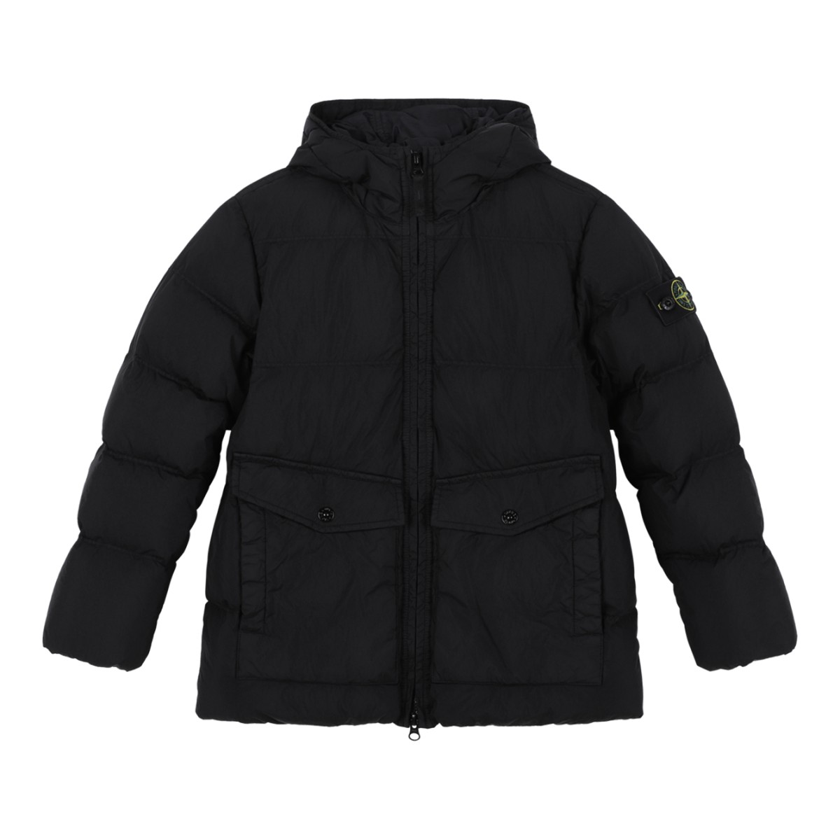Stone Island Kids Black Hooded Puffer Jacket.