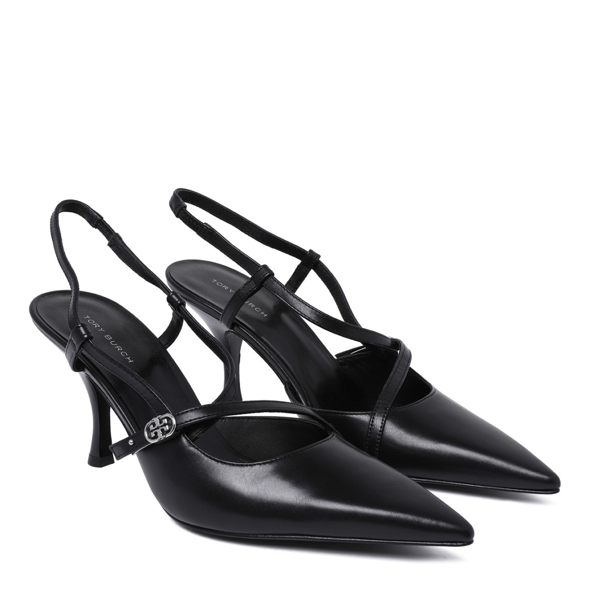 Tory Burch Black Leather Slingback Pumps.