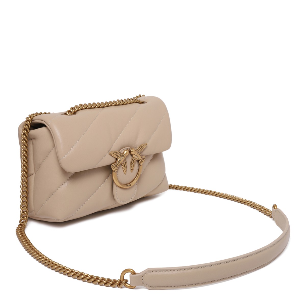 Pinko Beige Quilted Leather Mini Shoulder Bag.