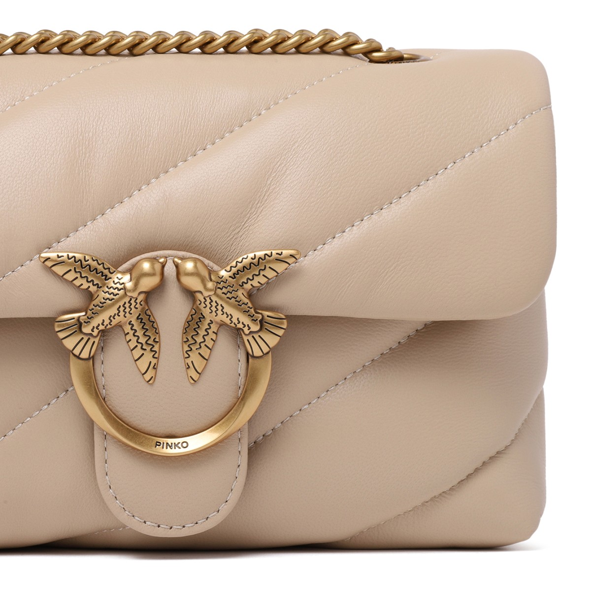 Pinko Beige Quilted Leather Mini Shoulder Bag.