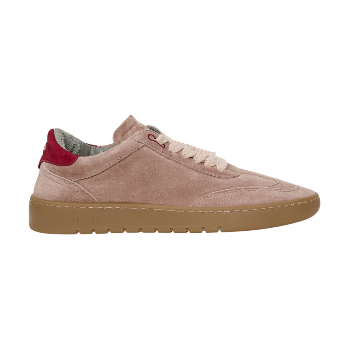 Piuma Beige Suede Sneakers with Red Heel Tab.