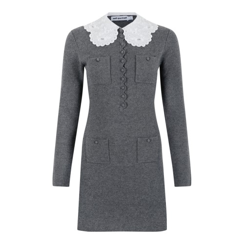 Self-Portrait Grey Knit Mini Dress with Lace Collar.  