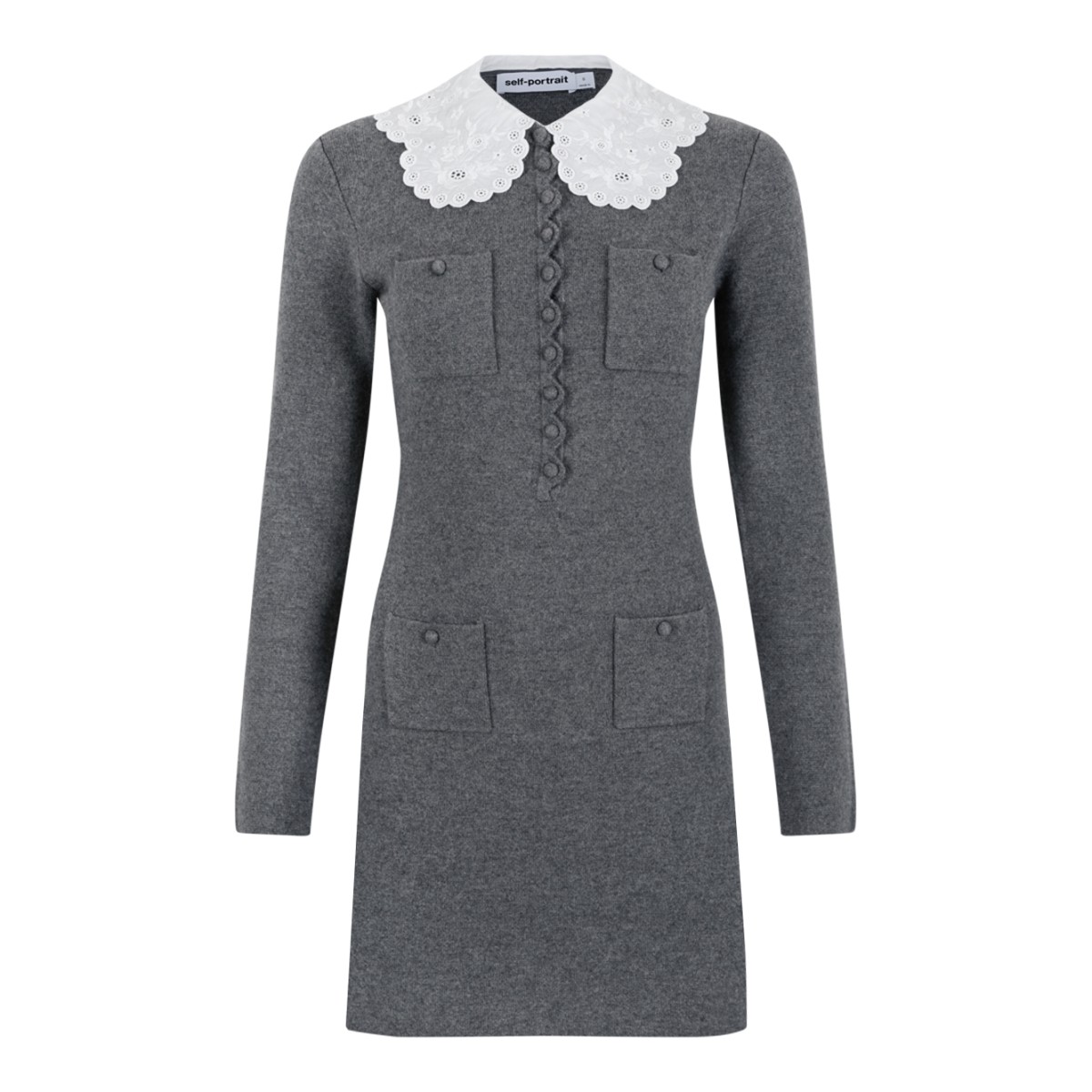 Self-Portrait Grey Knit Mini Dress with Lace Collar.  