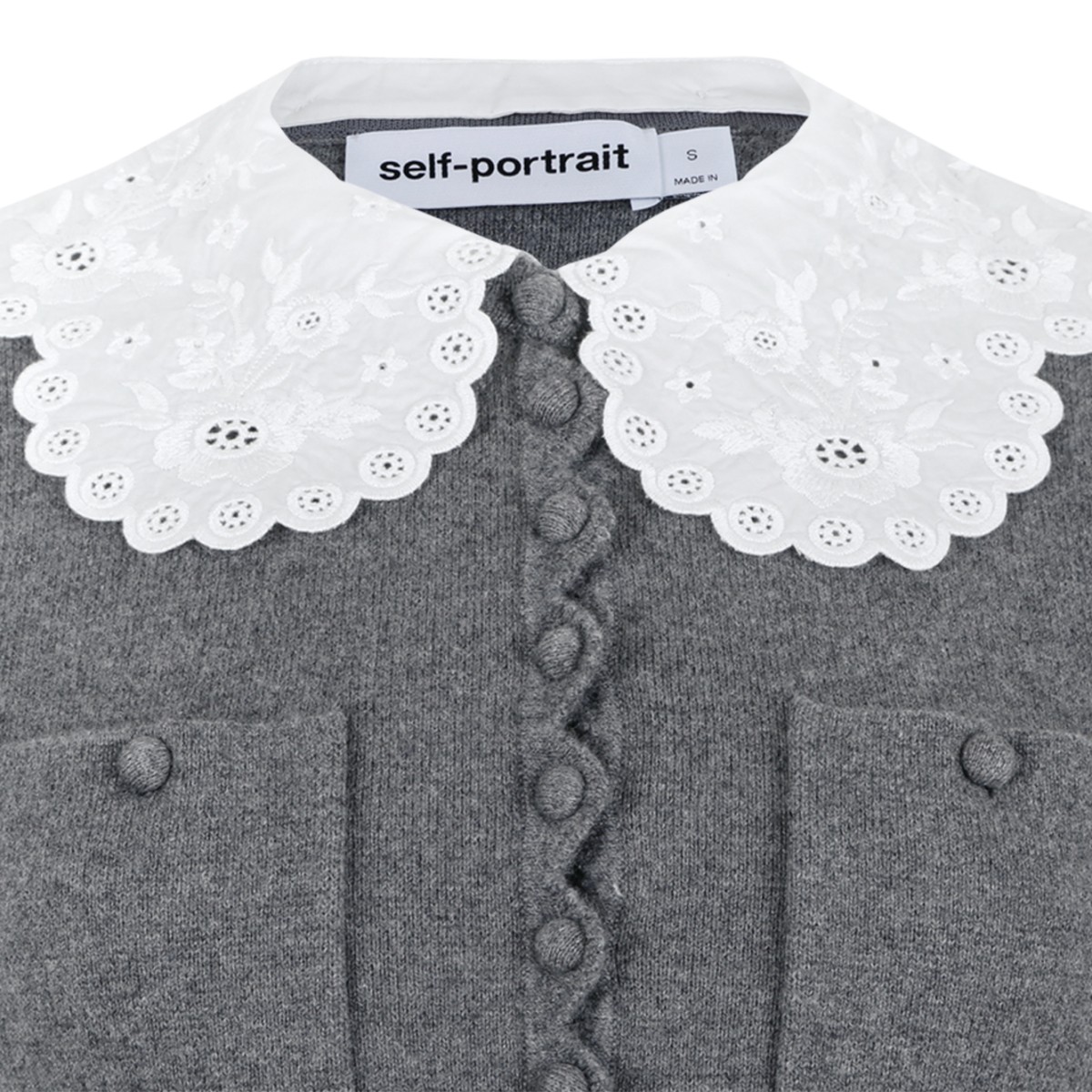 Self-Portrait Grey Knit Mini Dress with Lace Collar.  