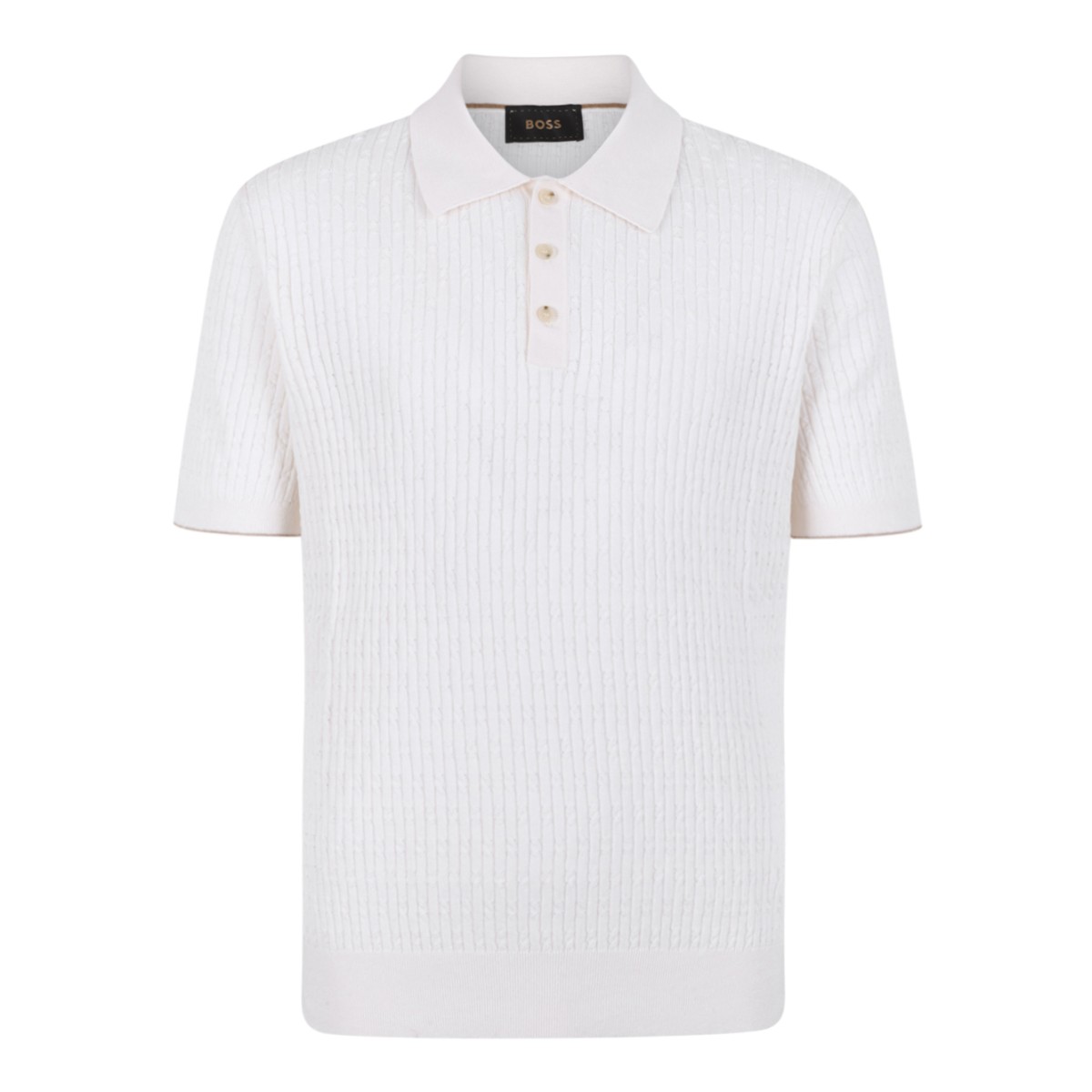 Boss White Textured Knit Polo Shirt.