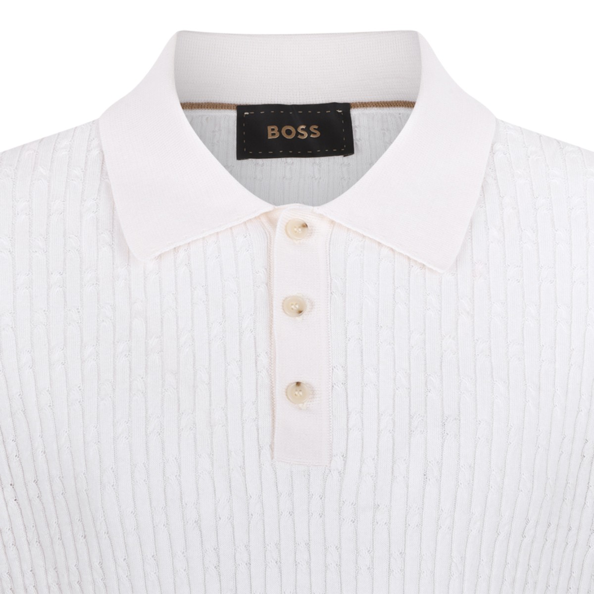 Boss White Textured Knit Polo Shirt.