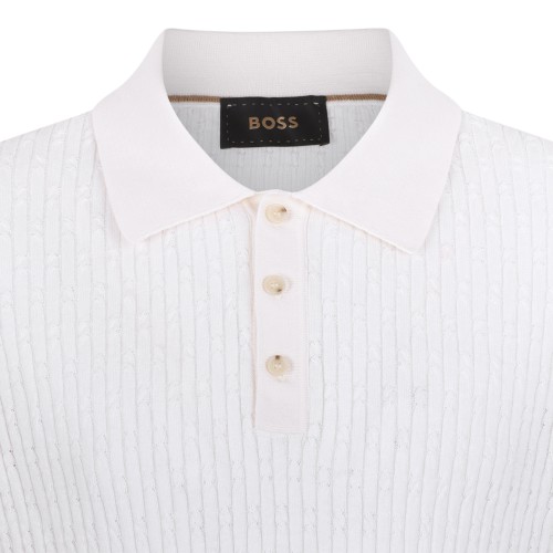 Boss White Textured Knit Polo Shirt.