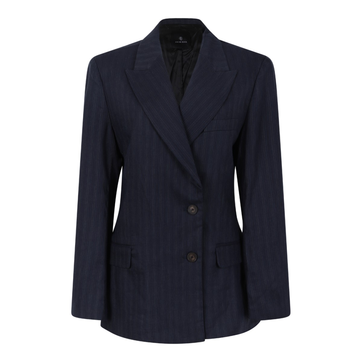 Anine Bing Navy Pinstripe Double-Breasted Blazer.