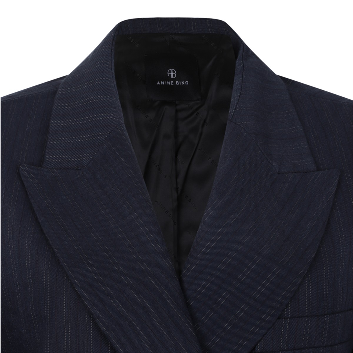 Anine Bing Navy Pinstripe Double-Breasted Blazer.