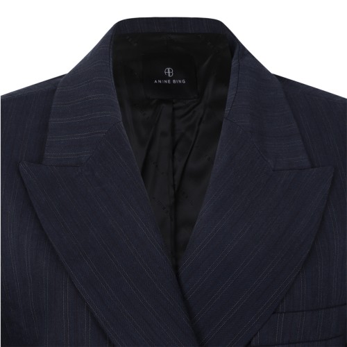 Anine Bing Navy Pinstripe Double-Breasted Blazer.