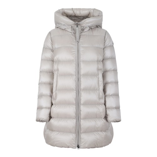 Moncler Light Grey Hooded Down Coat.