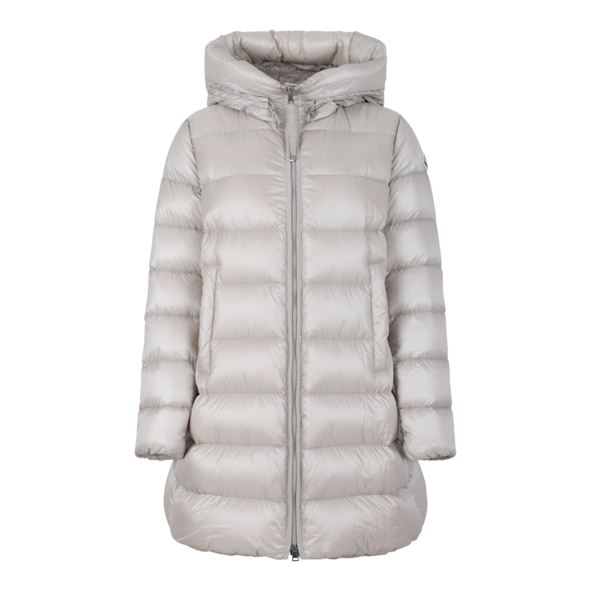 Moncler Light Grey Hooded Down Coat.
