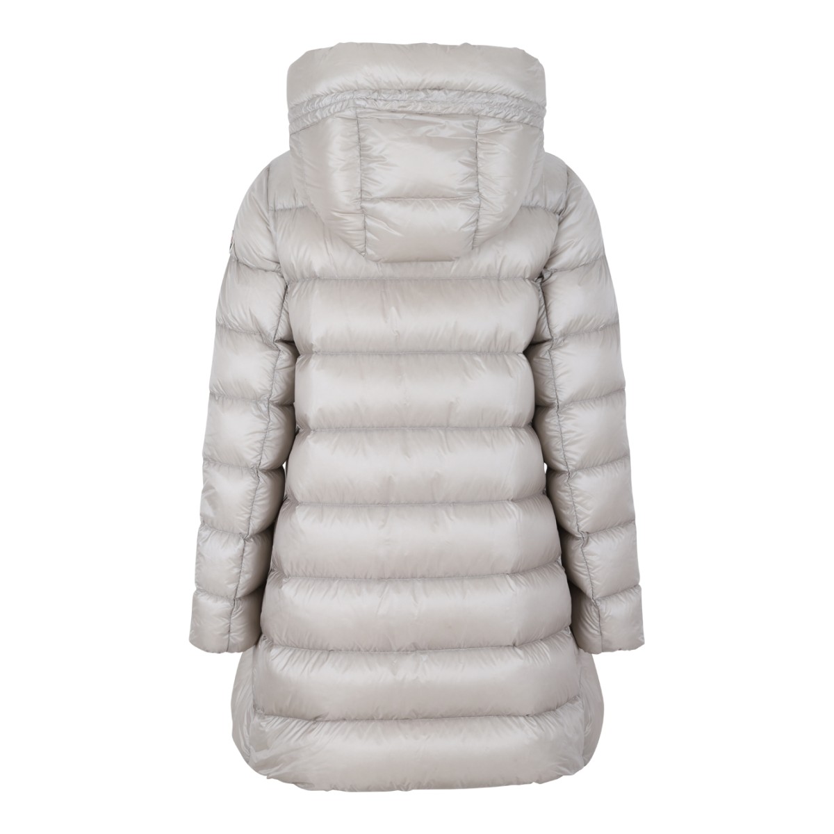 Moncler Light Grey Hooded Down Coat.