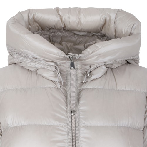 Moncler Light Grey Hooded Down Coat.