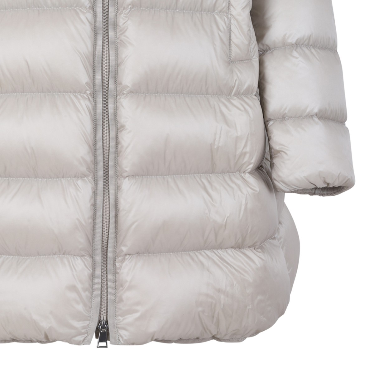 Moncler Light Grey Hooded Down Coat.