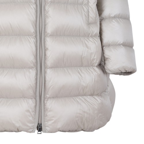 Moncler Light Grey Hooded Down Coat.