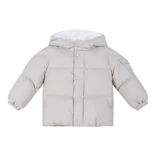 Moncler Light Grey Hooded Down Jacket.