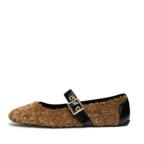 Candice Cooper Brown Shearling Mary Jane Flats.
