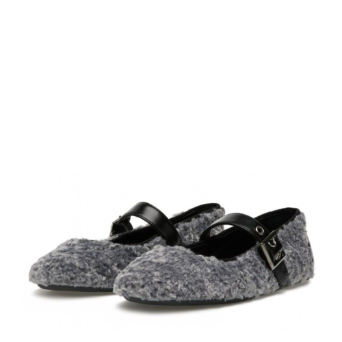 Candice Cooper Grey Shearling Mary Jane Flats. 2