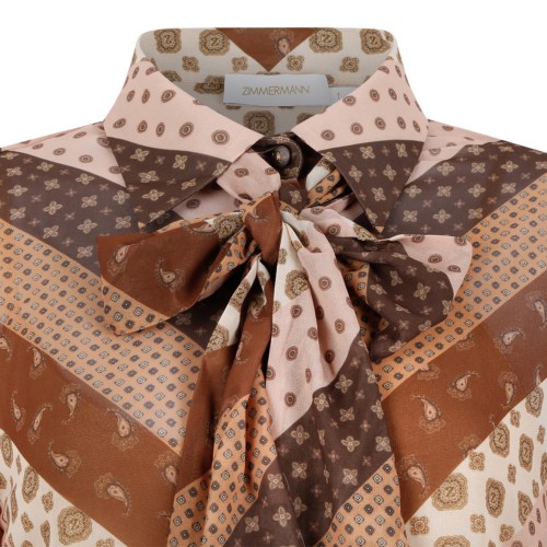 Zimmermann Brown Geometric Print Tie-Neck Blouse.